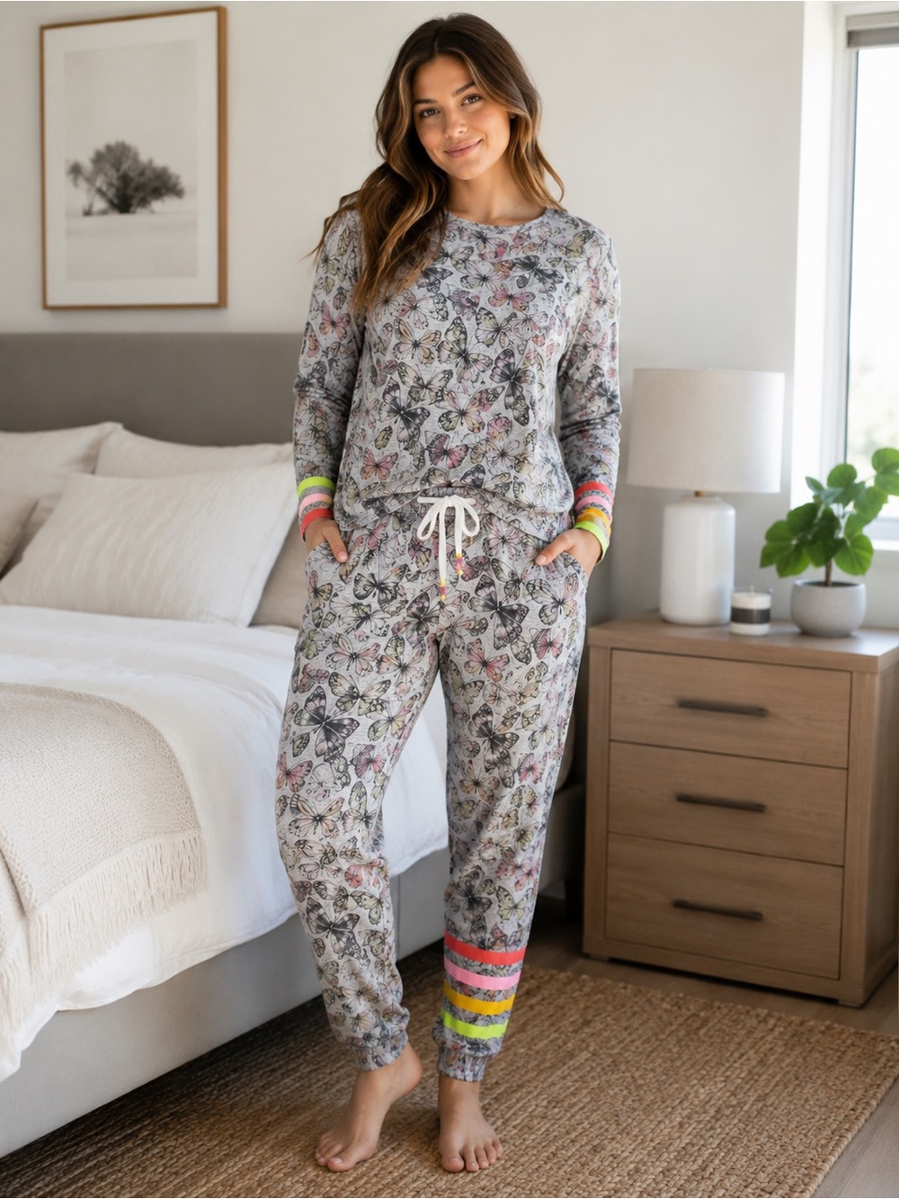 PJ Salvage Butterfly Pajama Set Womens L Gray Neon Stripe Lounge Sleepwear New